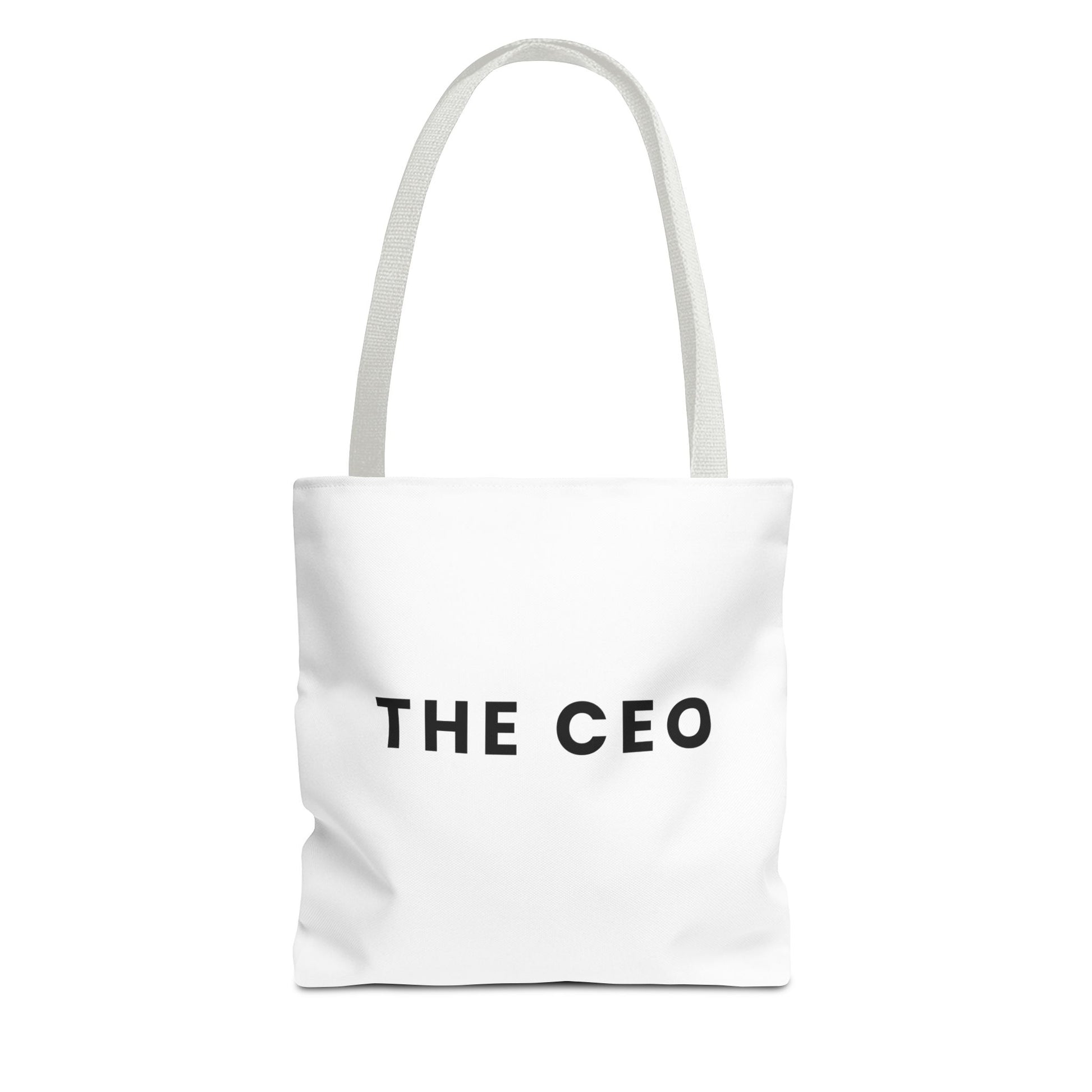 White tote bag with 'THE CEO' text and white handles on a white background