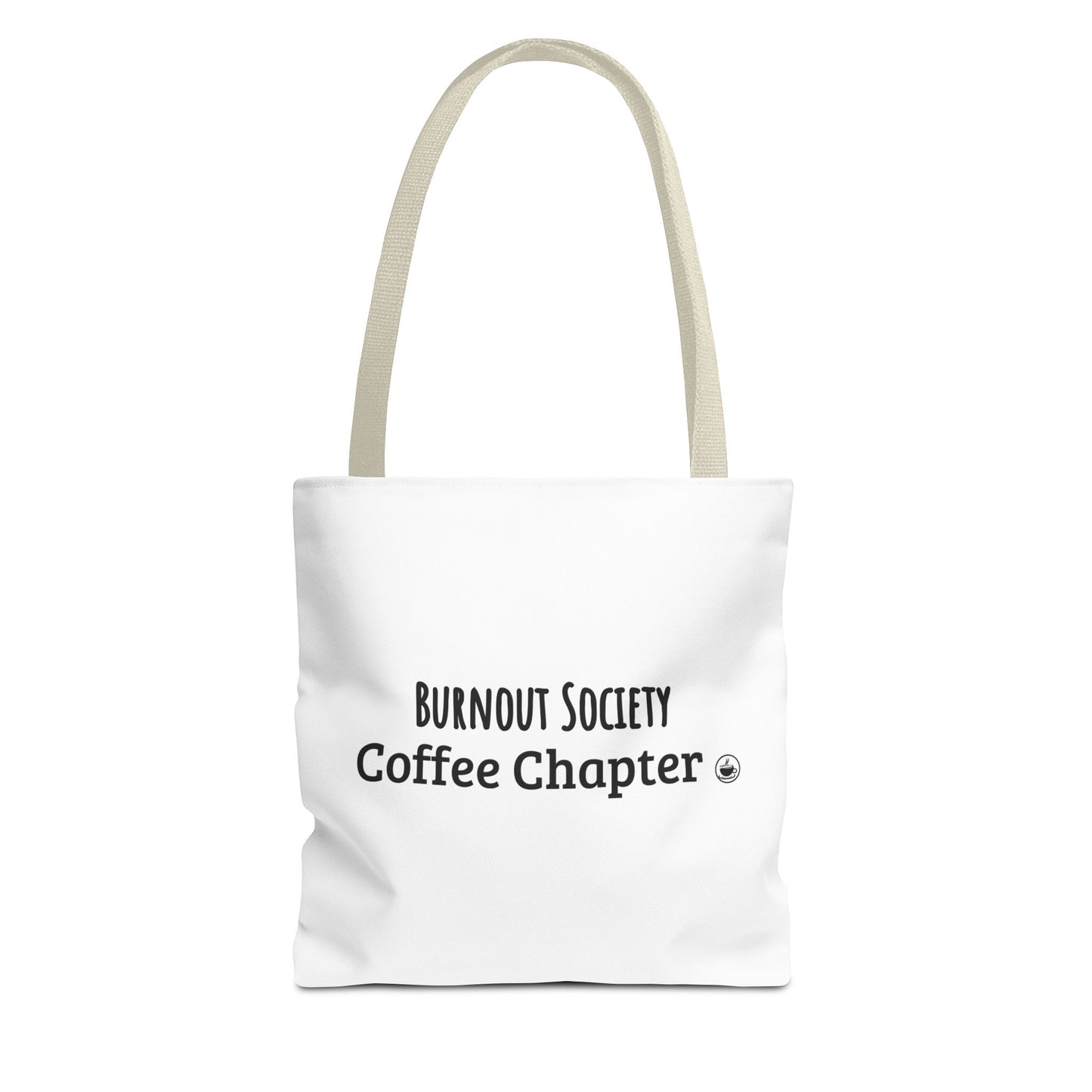White tote bag with 'Burnout Society Coffee Chapter' text and beige handle on a white background