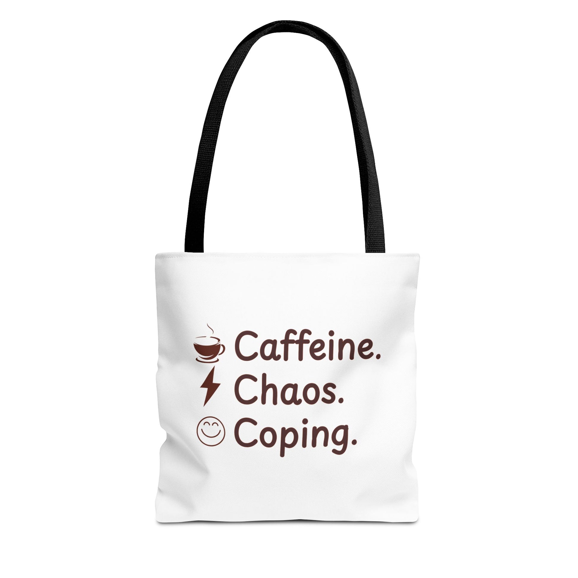 White tote bag with black handle and text 'Caffeine. Chaos. Coping.' on a white background