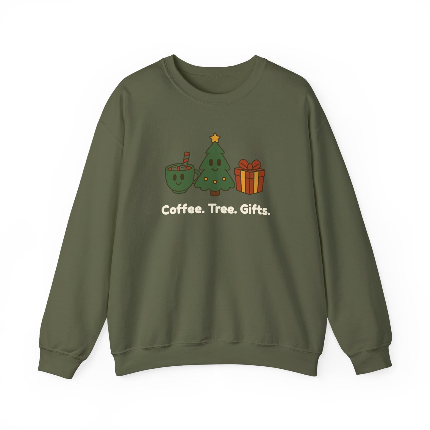 Green sweatshirt with Christmas-themed graphics and text on a white background