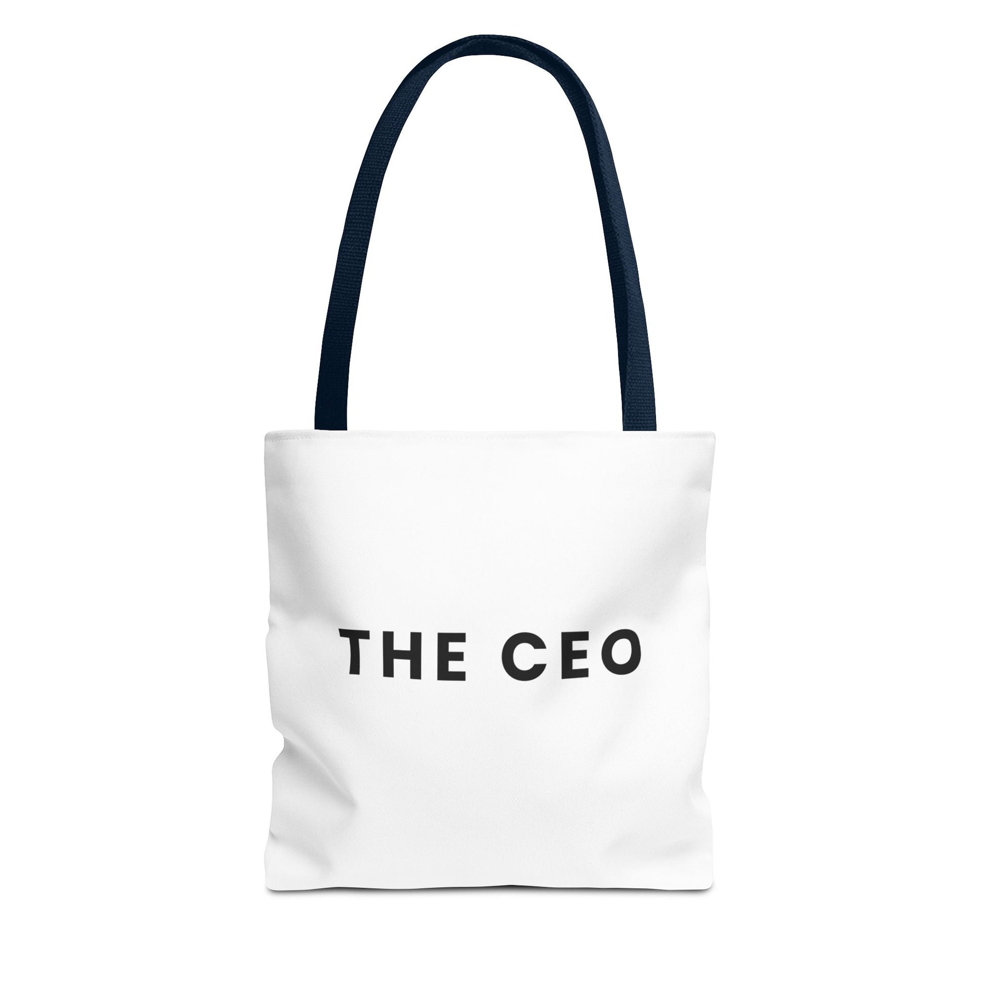 White tote bag with 'THE CEO' text and navy handles on a white background