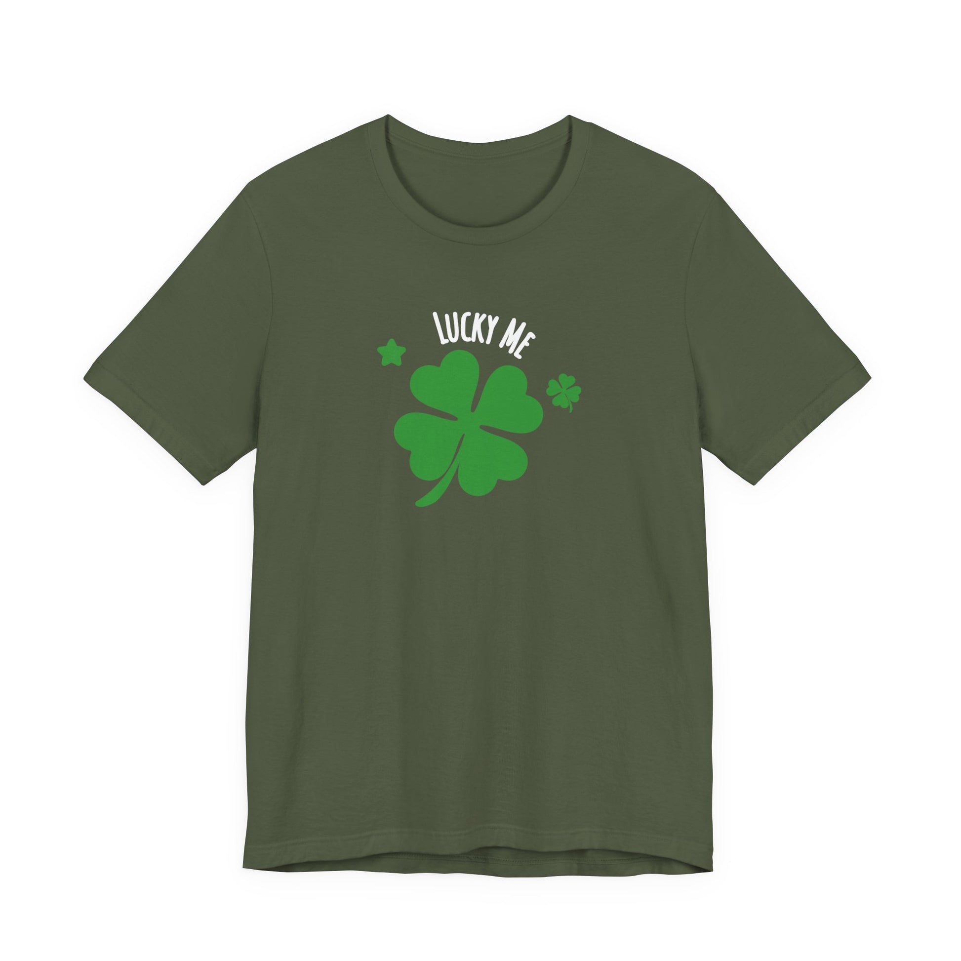 Green t-shirt with a four-leaf clover design and 'Lucky Me' text on a white background