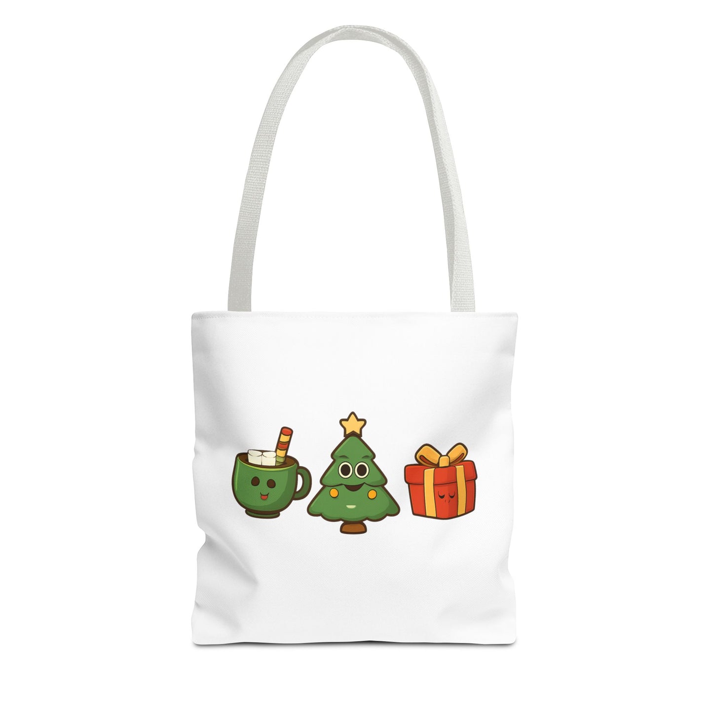 Tote bag with white handle and Christmas-themed illustrations on a white background