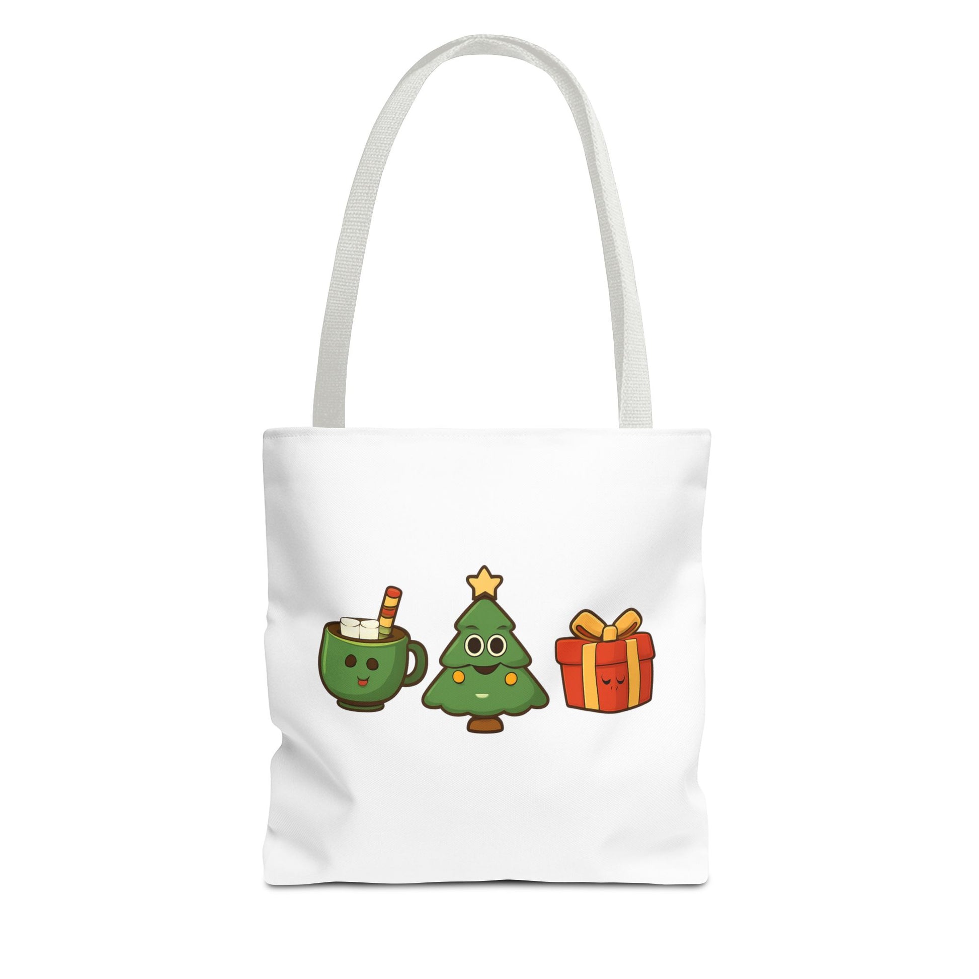 Tote bag with white handle and Christmas-themed illustrations on a white background