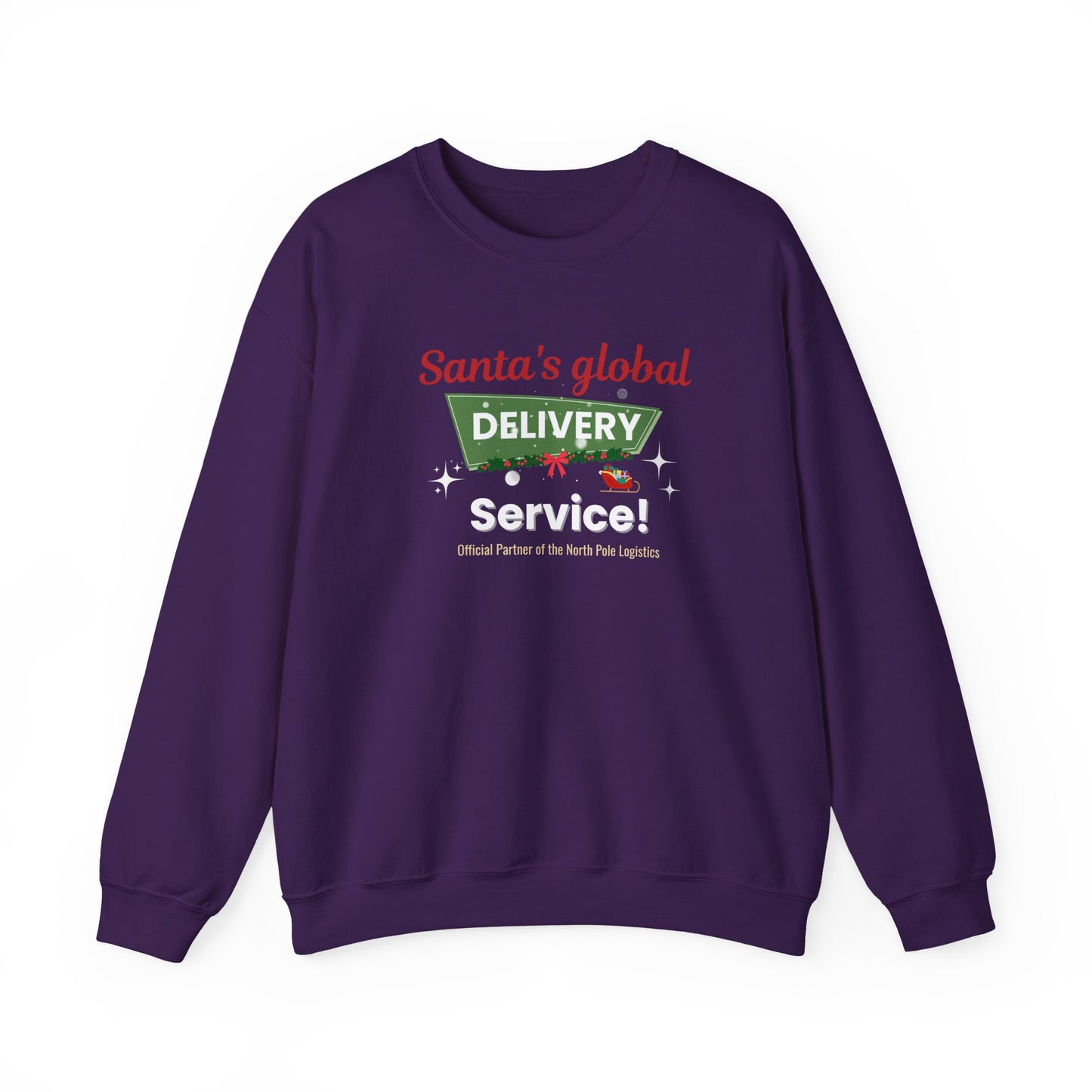 Purple sweatshirt with 'Santa's global delivery service' text on a white background