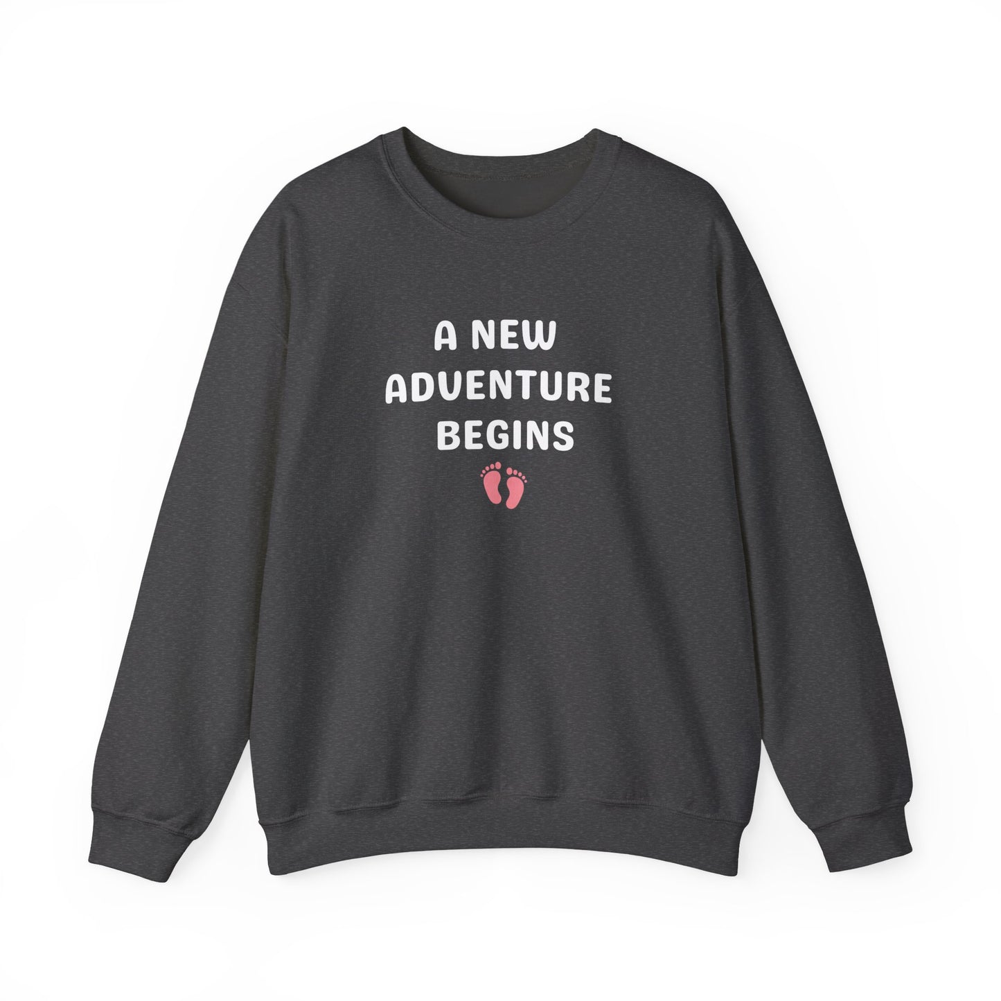 Dark gray sweatshirt with 'A New Adventure Begins' text and footprints on a white background