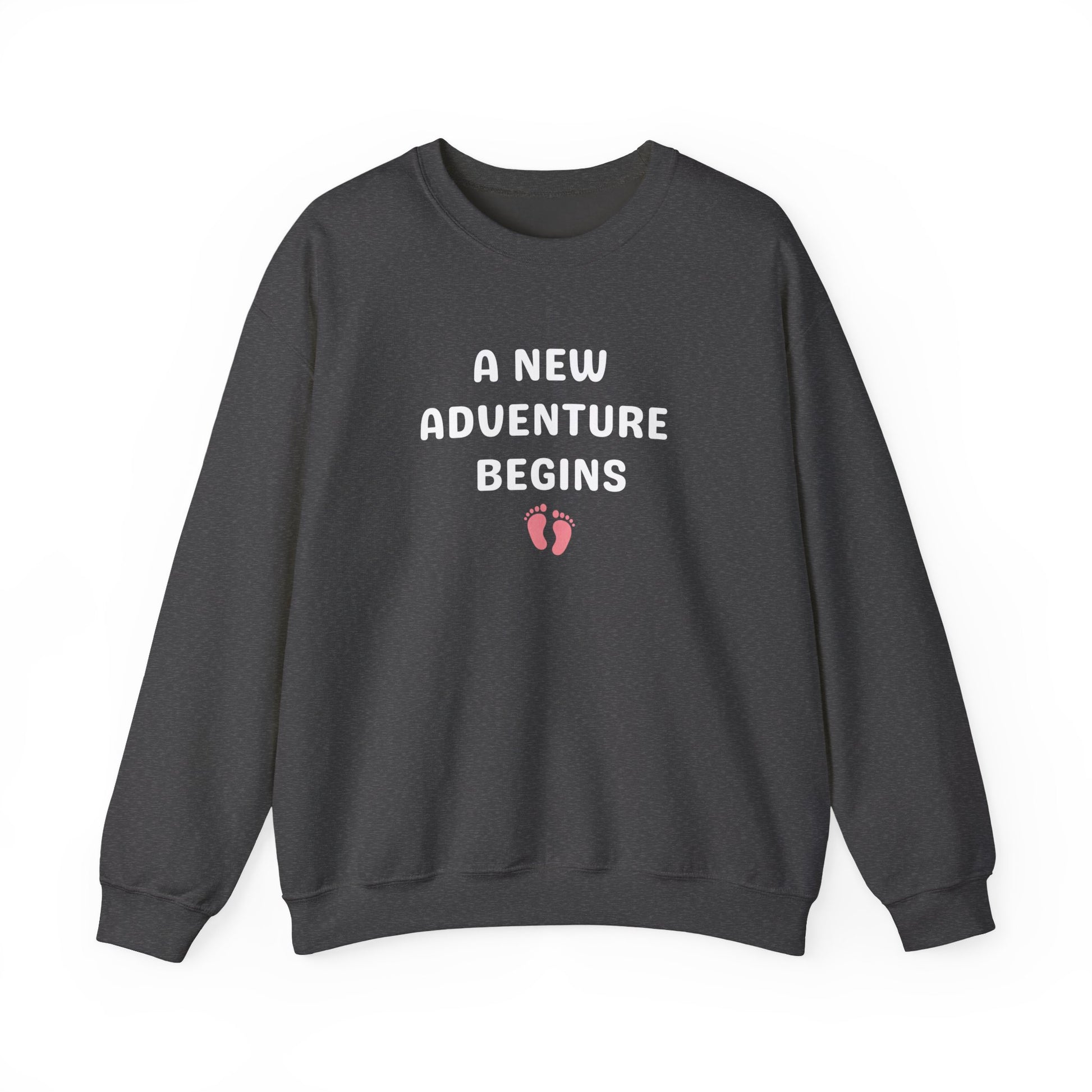 Dark gray sweatshirt with 'A New Adventure Begins' text and footprints on a white background