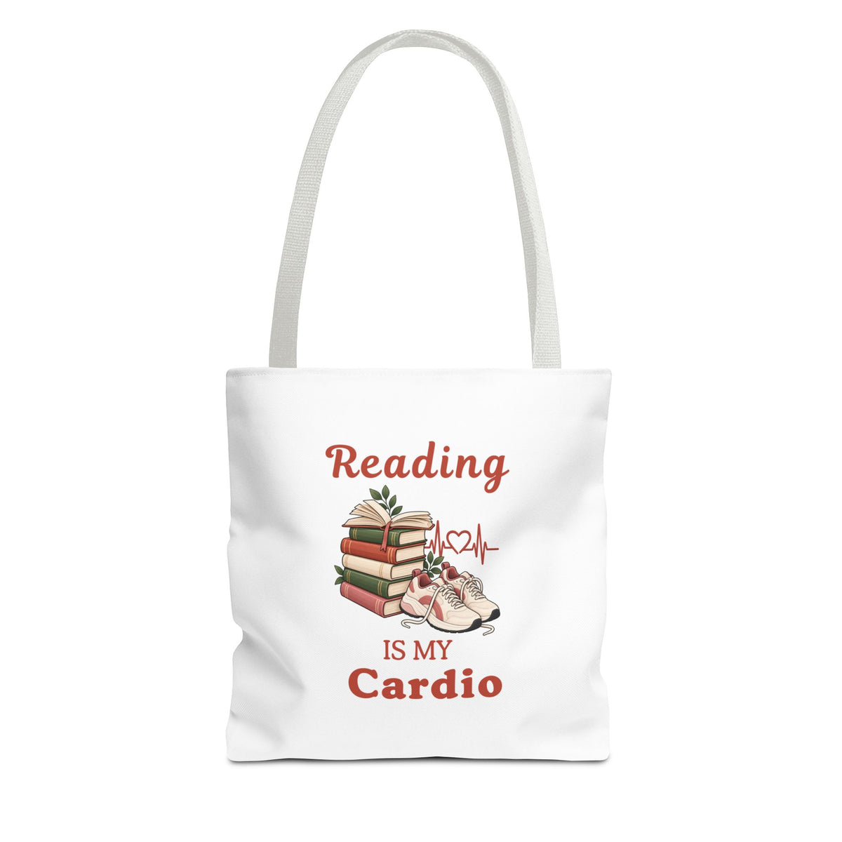A white tote bag with white shoulder straps, featuring the text 'Reading IS MY Cardio' against on a white background