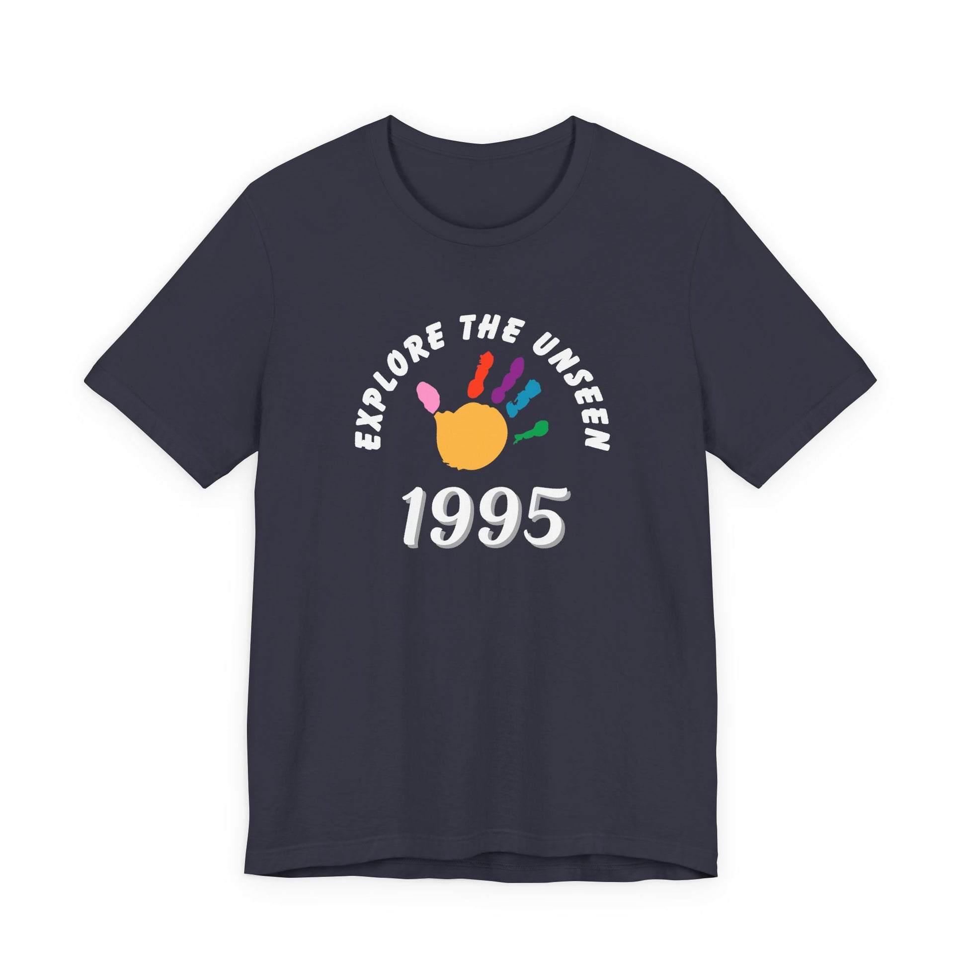 Navy blue t-shirt with colorful handprint graphic and text 'Explore the Unseen 1995' on a white background