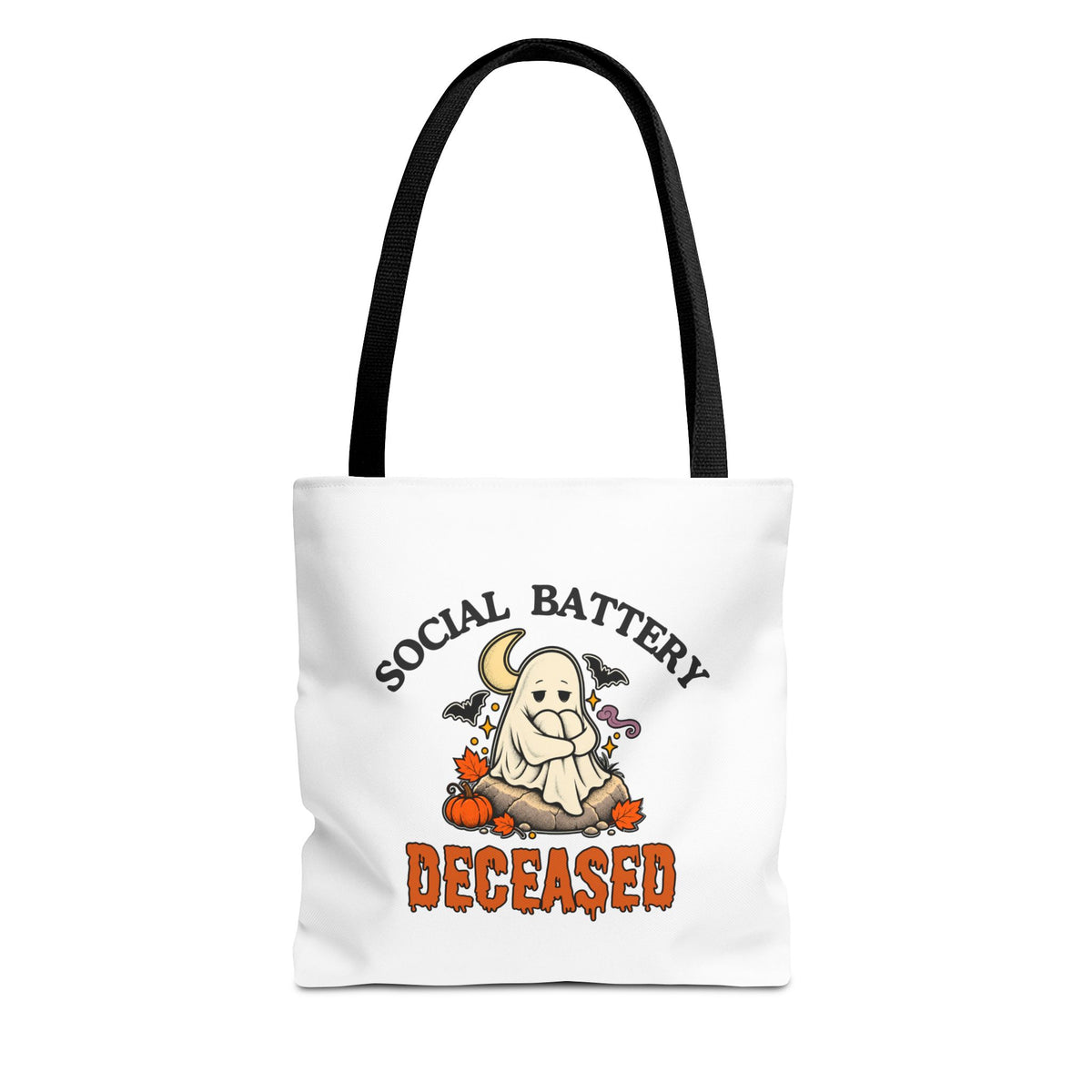 A white tote bag with black handles, featuring a 'Social Battery: Deceased' graphic with a ghost sitting on a rock