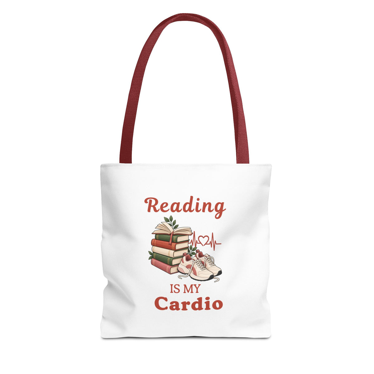 A white tote bag with red shoulder straps, featuring the text 'Reading IS MY Cardio' against on a white background