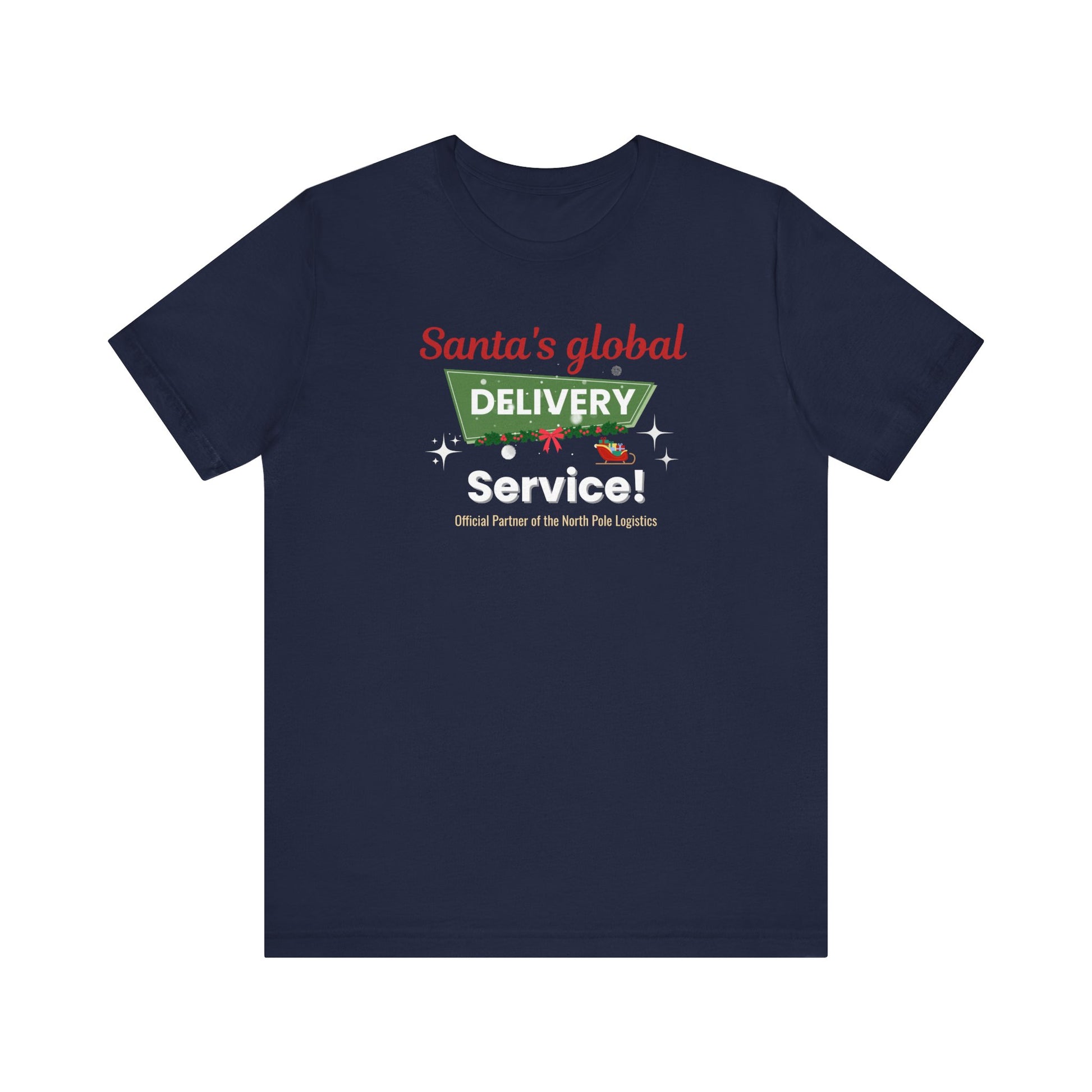 Navy blue t-shirt with 'Santa's global delivery service' graphic on a white background