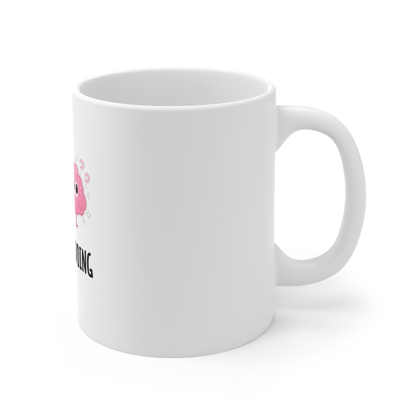Right side of white mug with a pink brain graphic and text 'I came, I saw, I forgot what I was doing' on a white background
