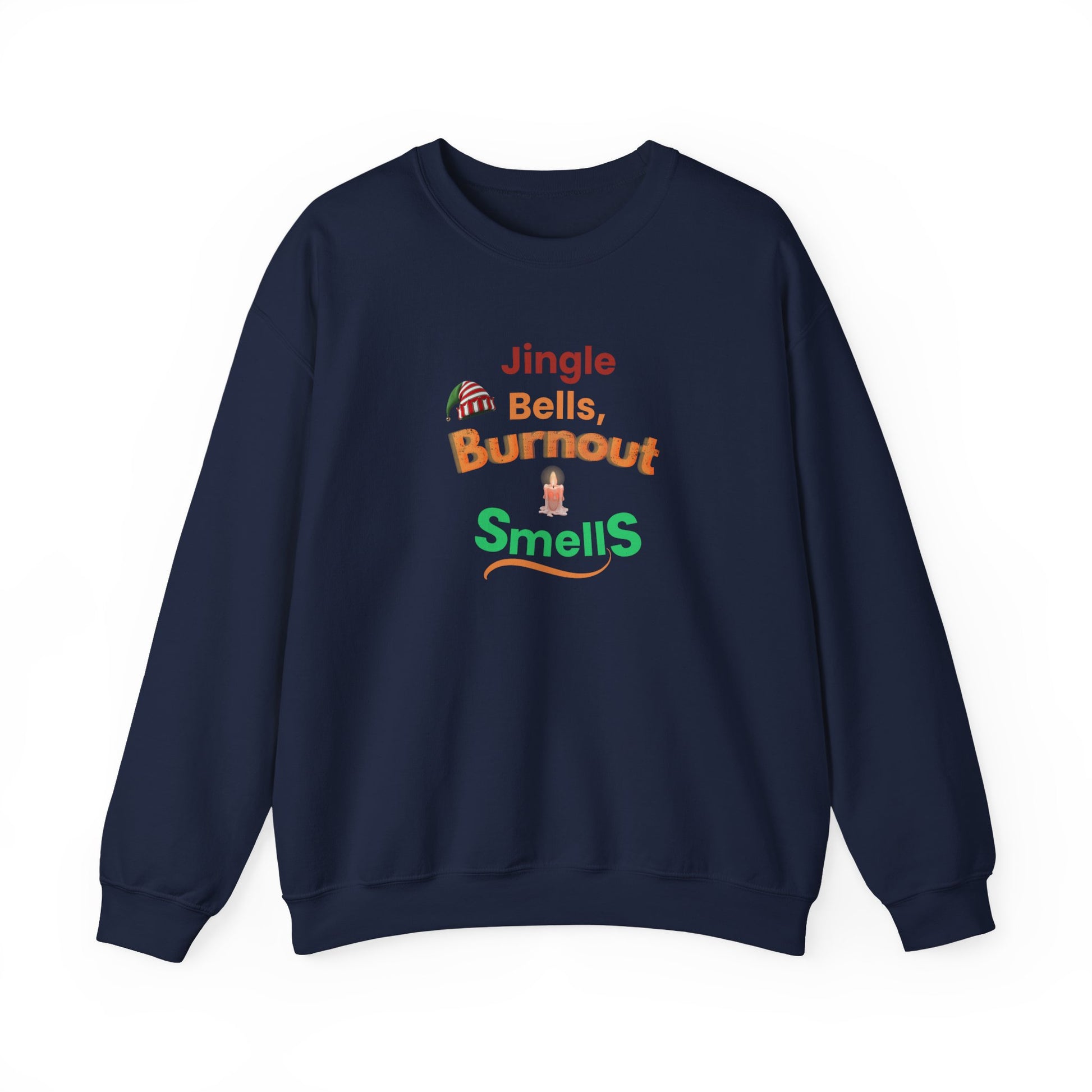 Navy blue sweatshirt with colorful text and graphic on a white background