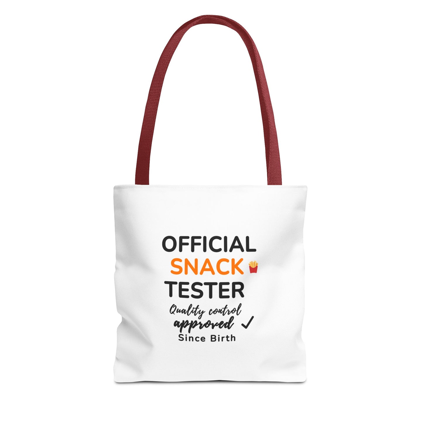 White tote bag with red handles and text 'Official Snack Tester – Quality Control Approved – Since Birth' on a white background