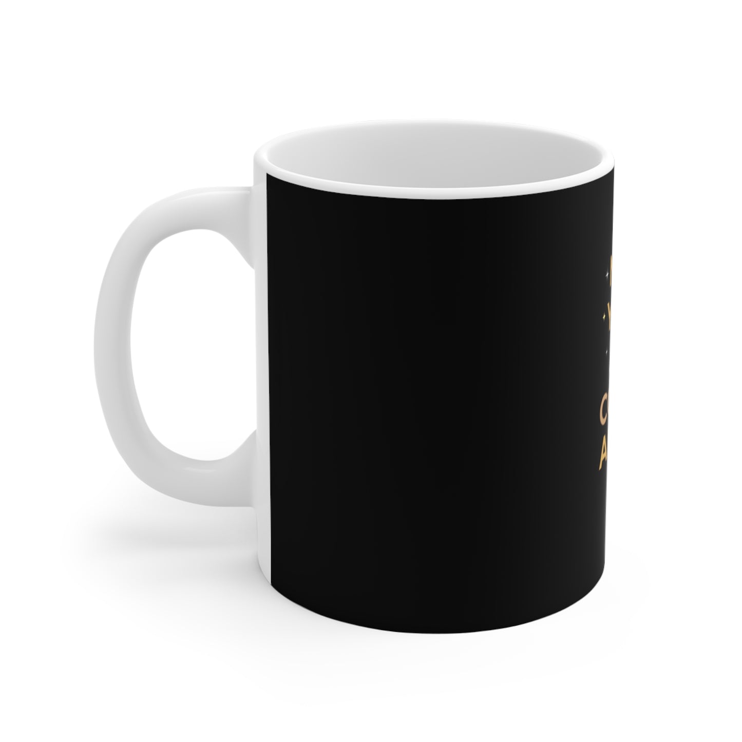 Left side view of black mug with a white handle on a white background