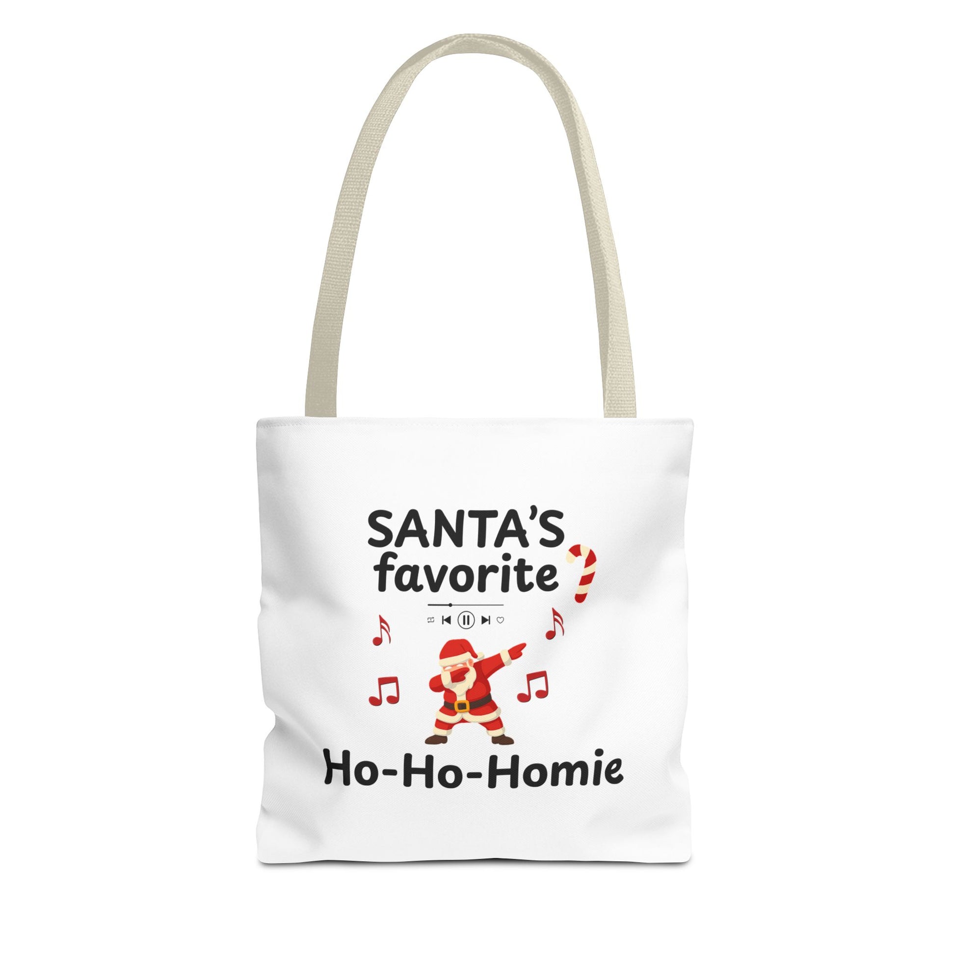 White tote bag with beige handle featuring the text 'Santa's Favorite Ho-Ho-Homie' on a white background