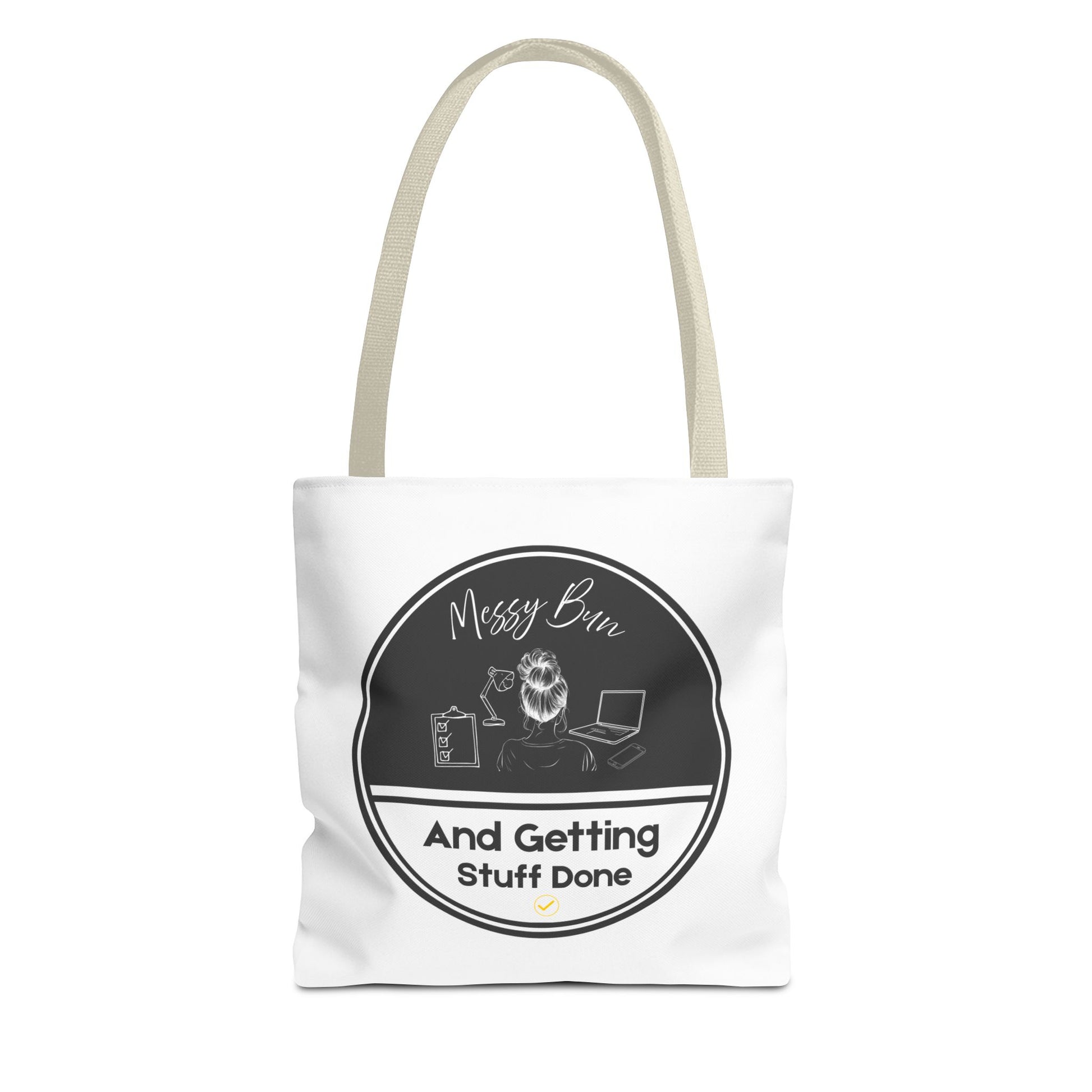 Messy bun tote bag with beige handle