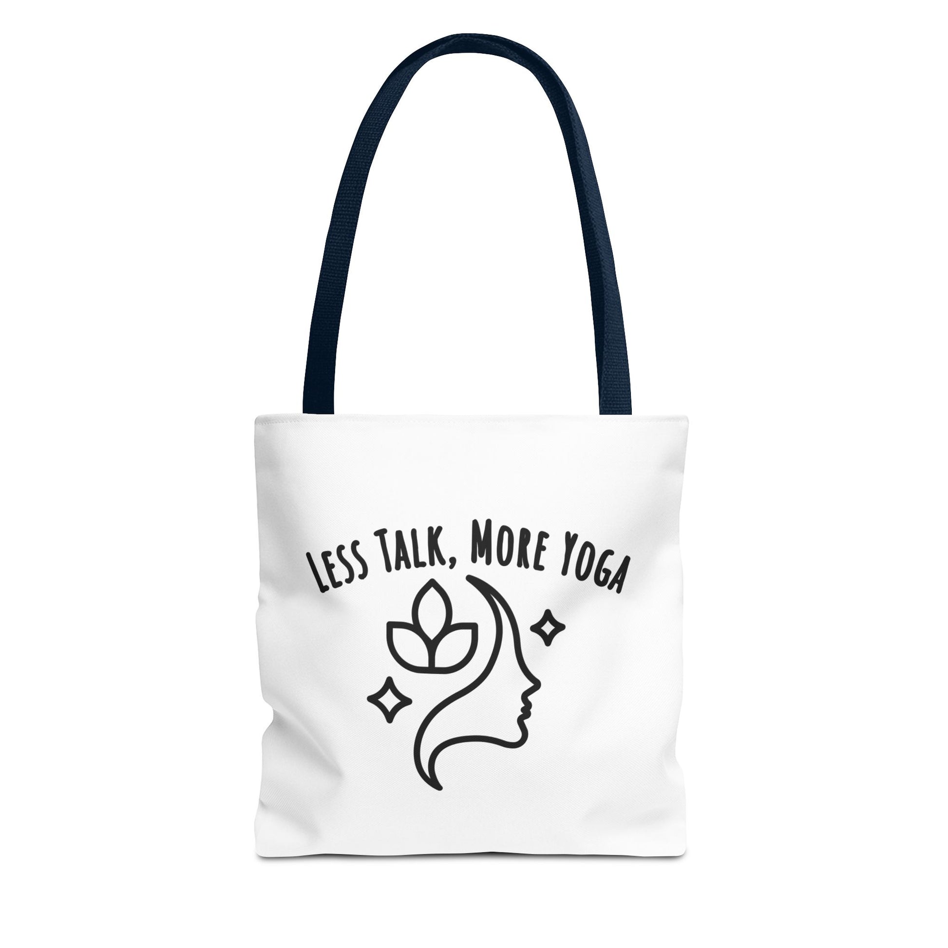 White tote bag with navy handle and text 'Less Talk, More Yoga' on a white background