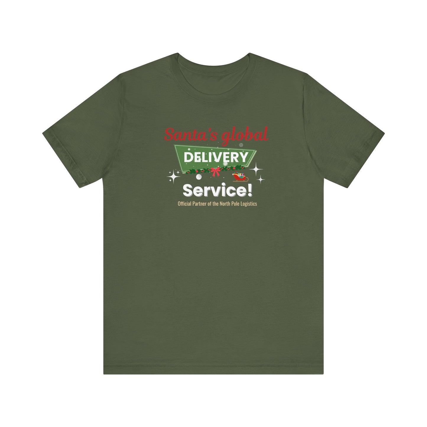 Green t-shirt with Christmas-themed text and graphics on a white background