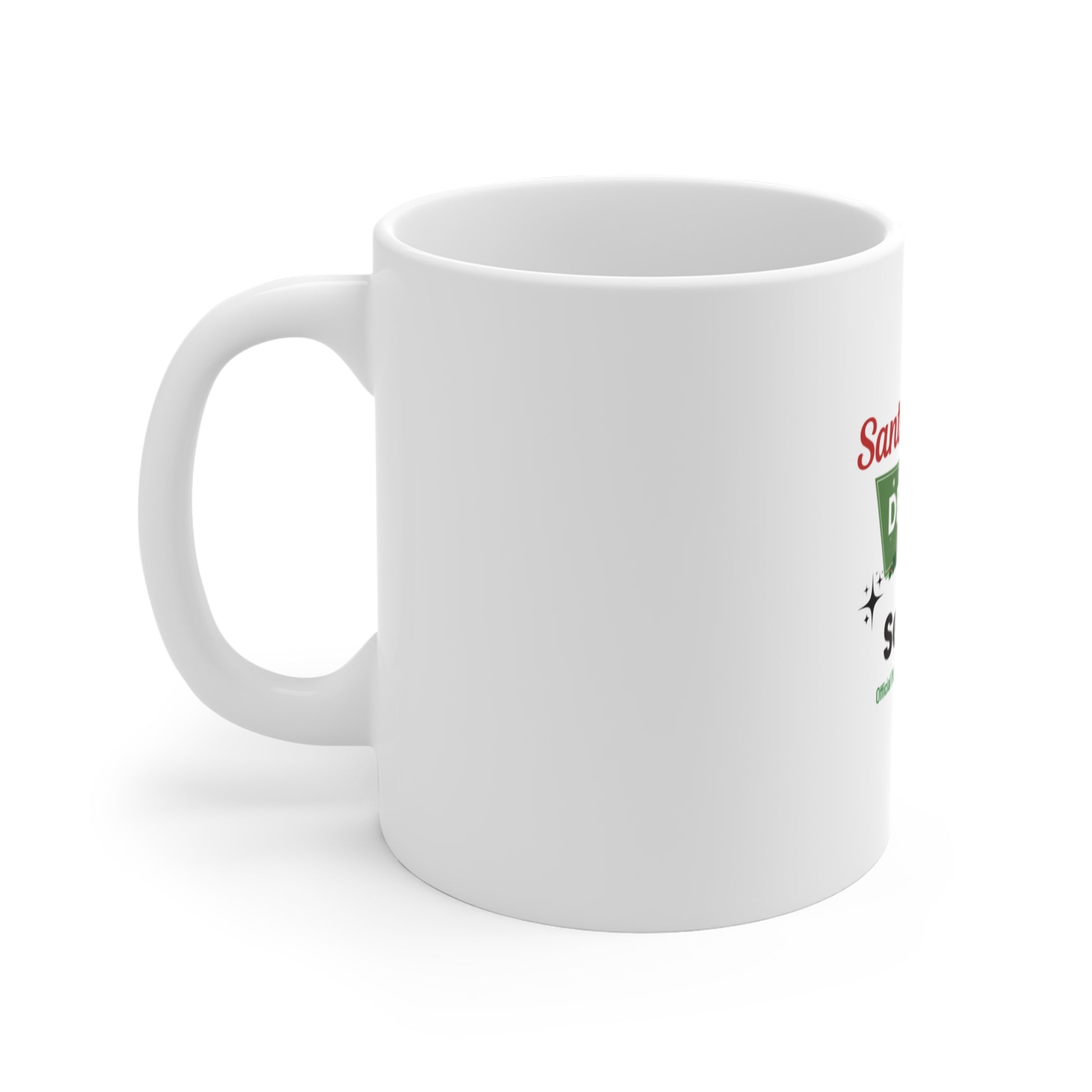 Left side view of white mug with text on a white background