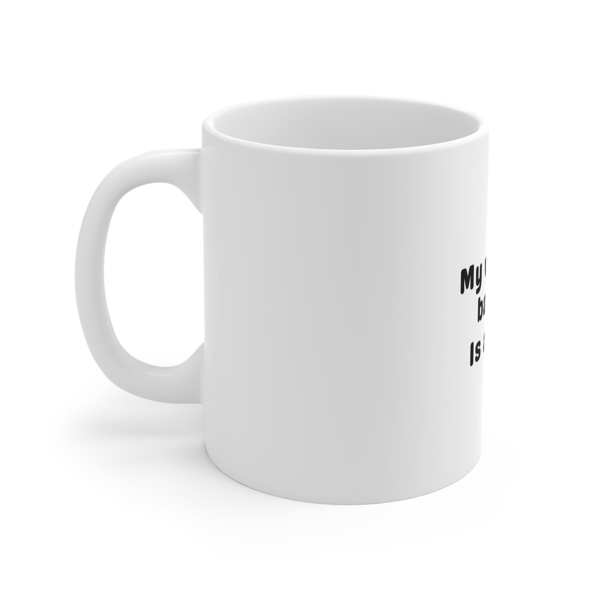 Left side of white mug with black text 'My work-life balance is a MYTH' on a white background