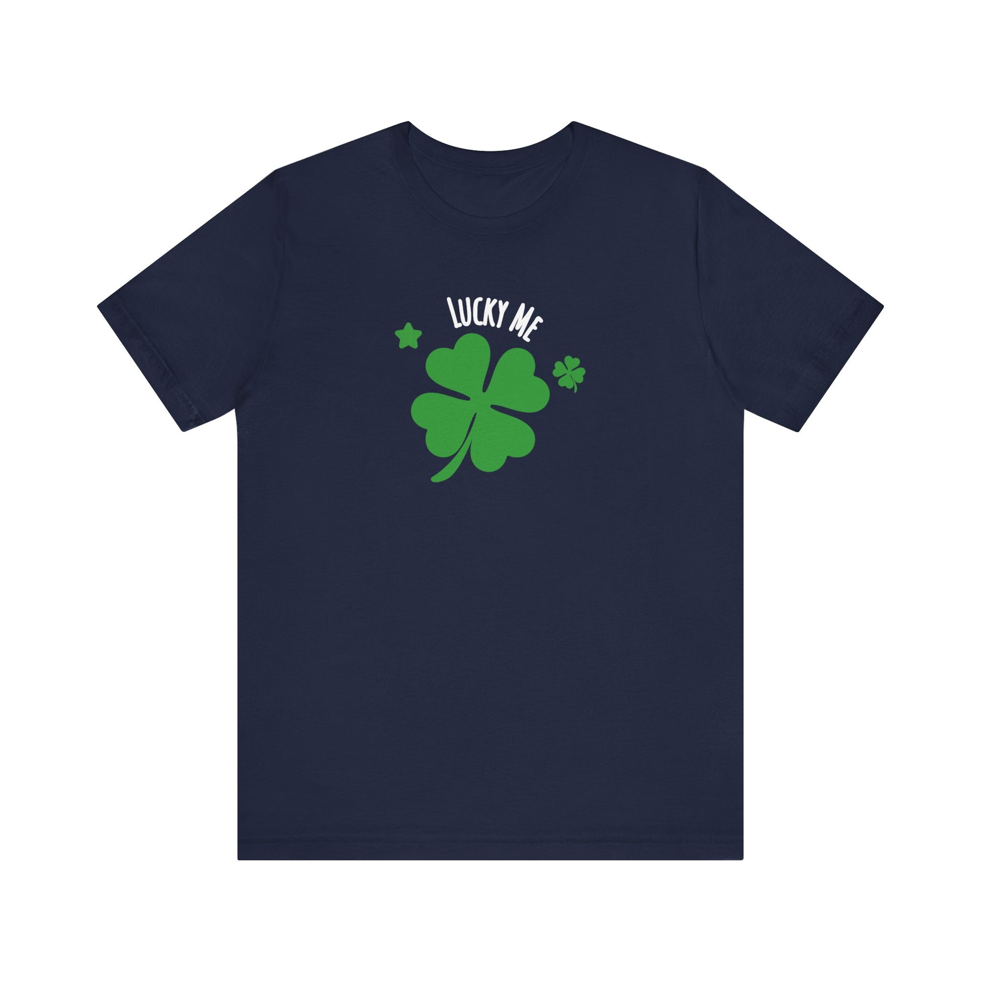 Navy blue t-shirt with a green four-leaf clover and 'Lucky Me' text on a white background