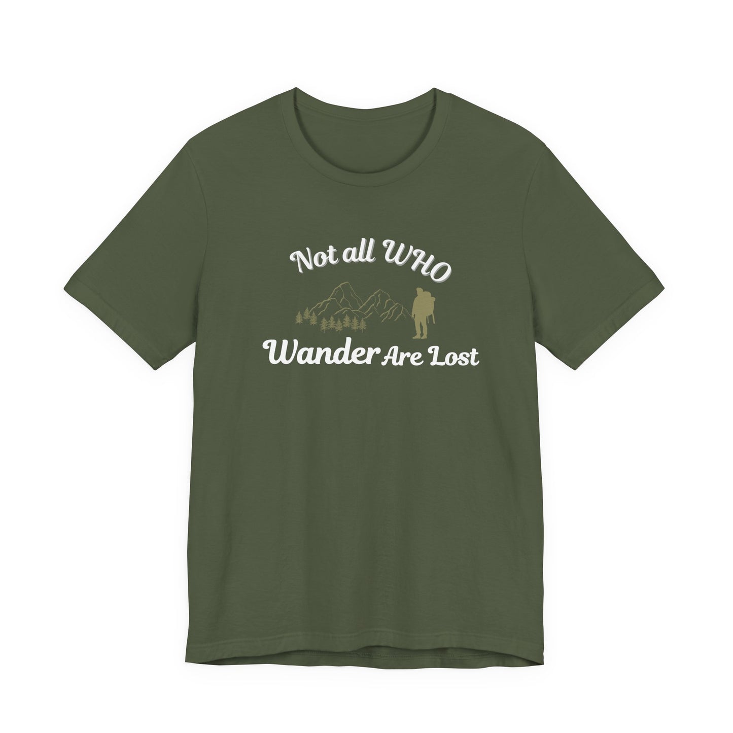 Green t-shirt with 'Not all Who Wander Are Lost' text and graphic on a white background