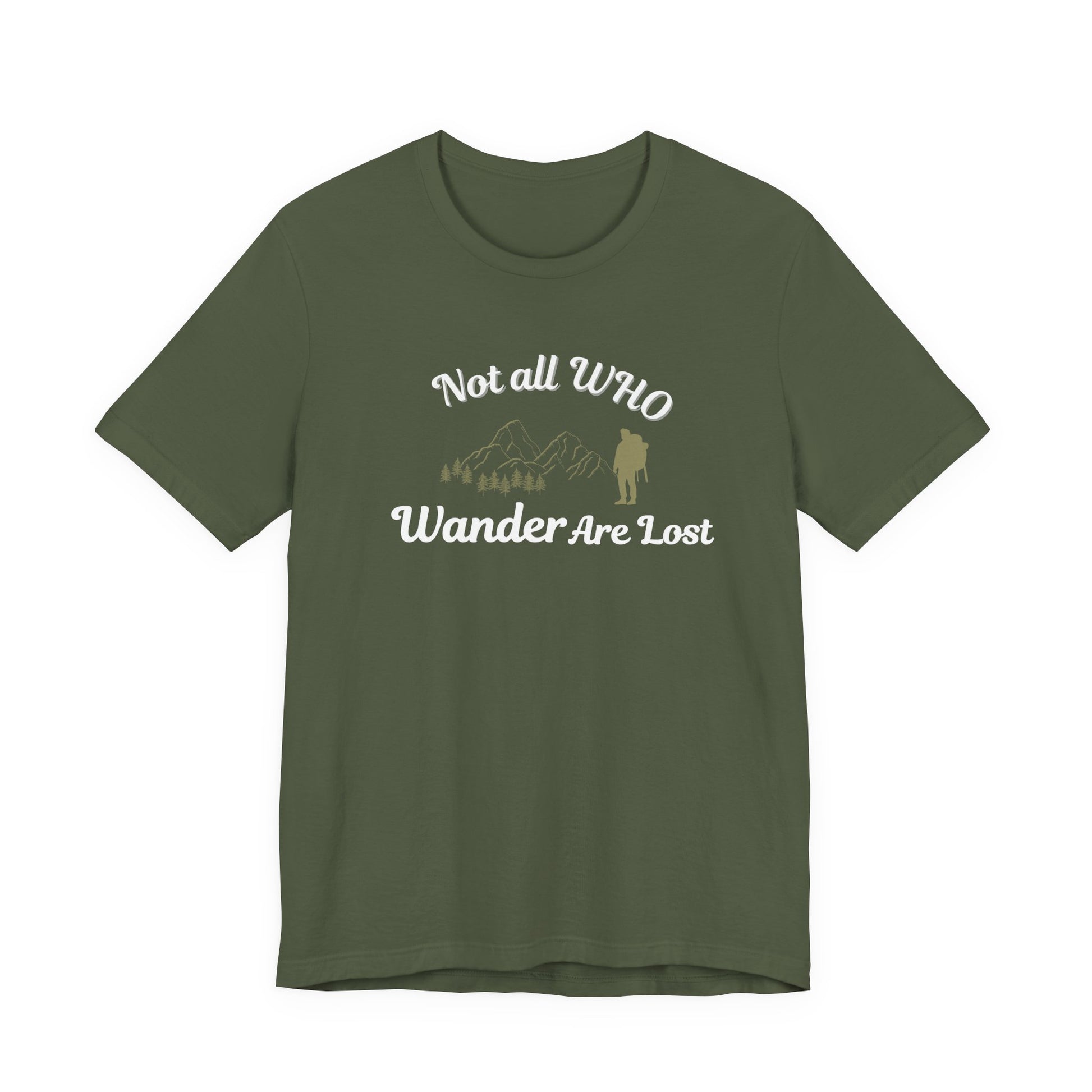 Green t-shirt with 'Not all Who Wander Are Lost' text and graphic on a white background