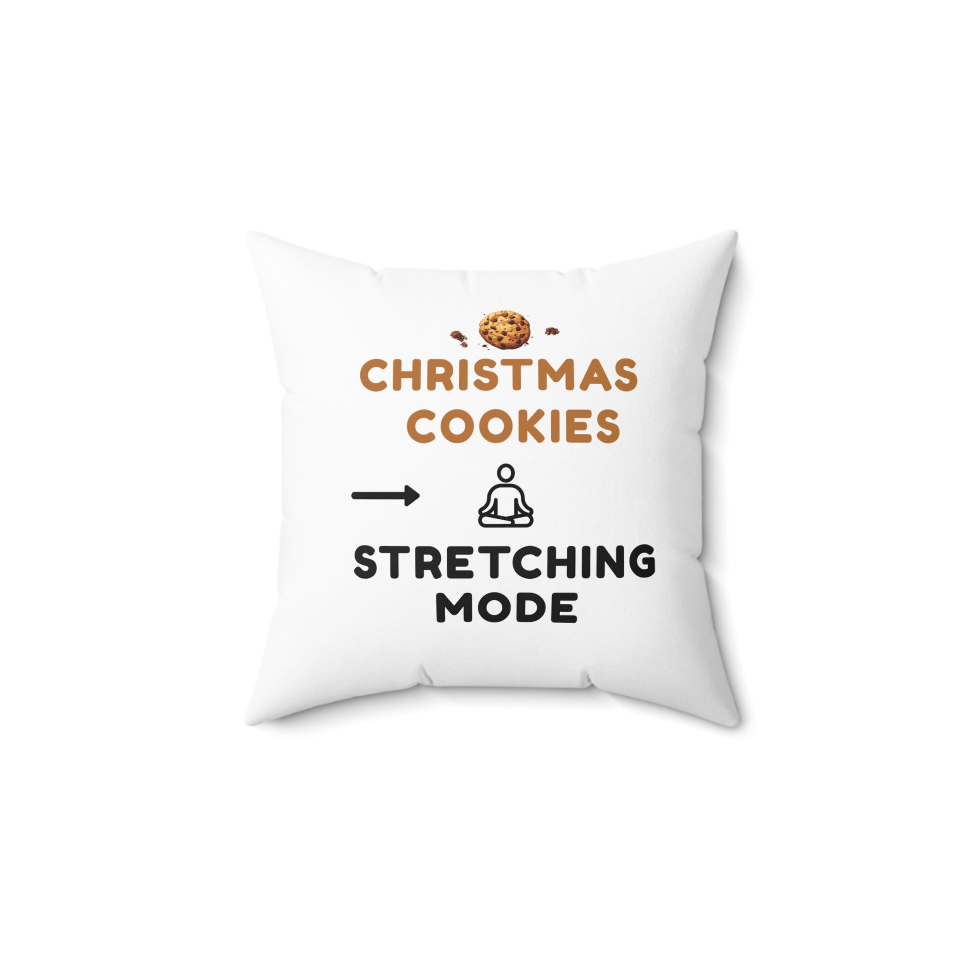 White pillow with text 'Christmas Cookies, Stretching Mode' on a white background, back of pillow 14 inch