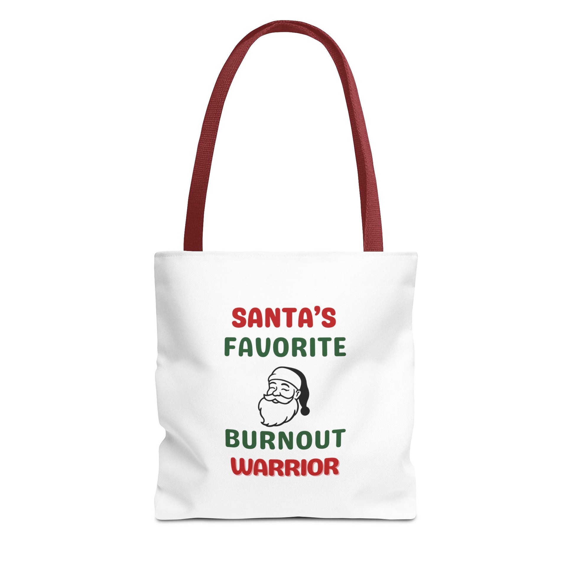 Tote bag with red handle and text 'Santa's Favorite Burnout Warrior' on a white background