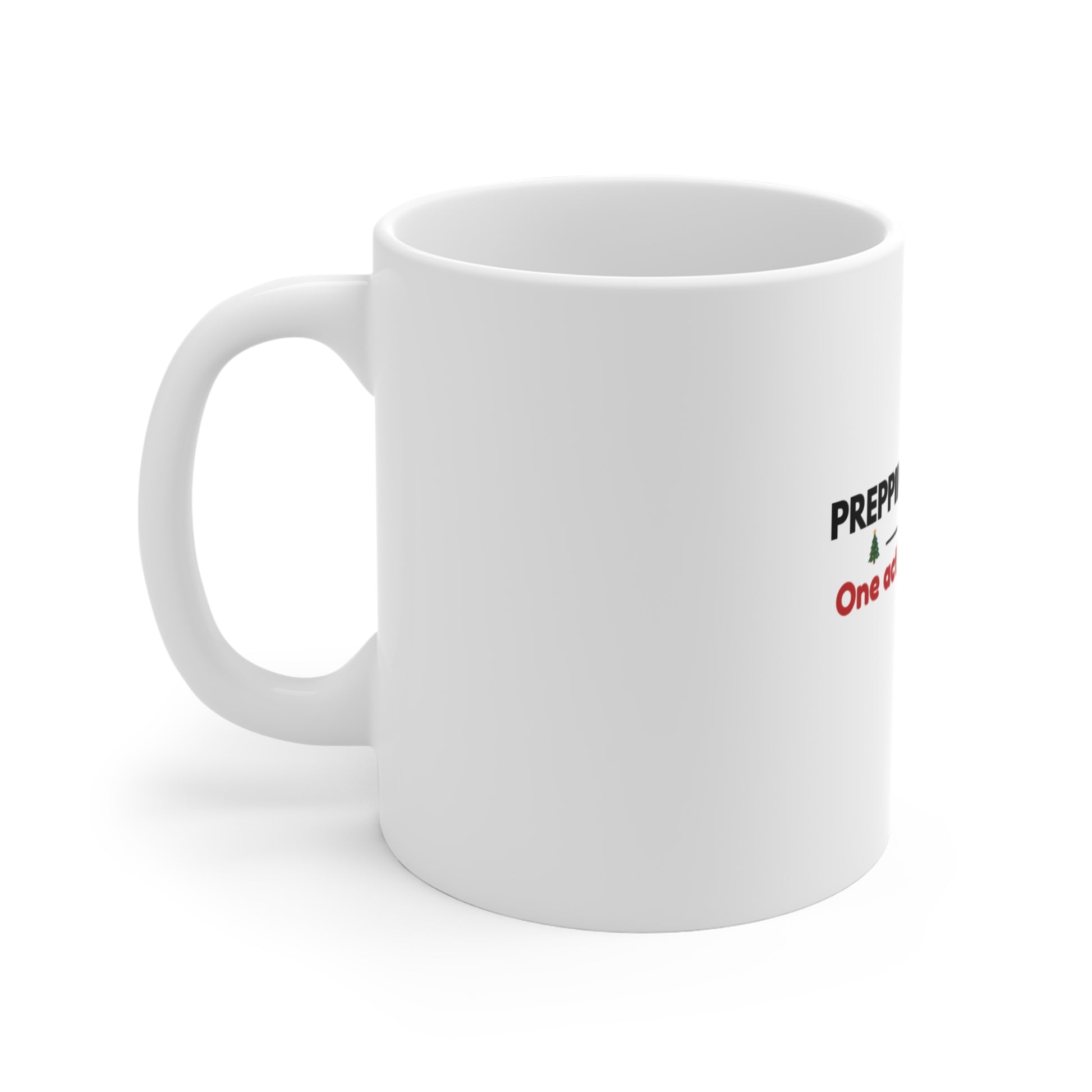 Left side of white mug with text 'Prepping Mode: On One activity at a time' on a white background