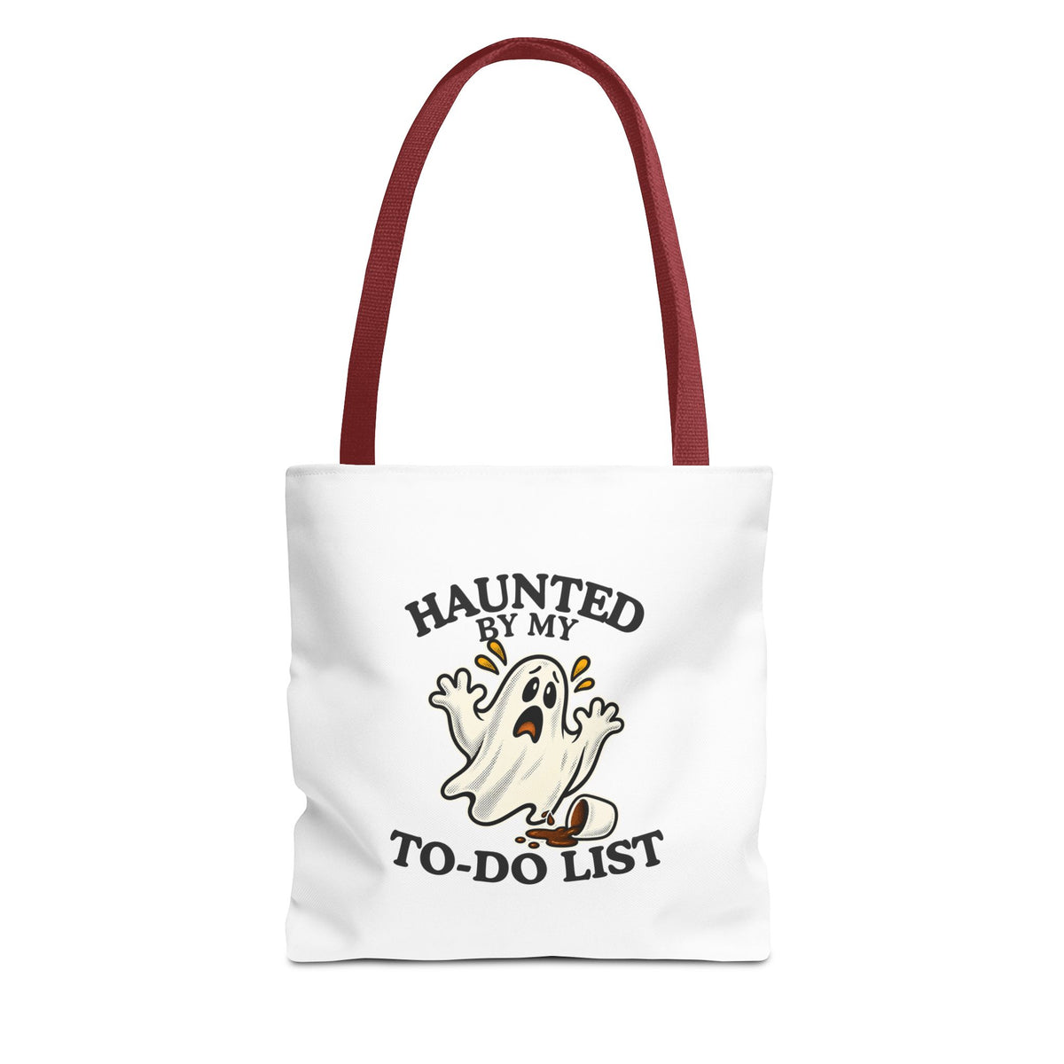 A white tote bag with red handles featuring a “Haunted by My To-Do List” funny ghost