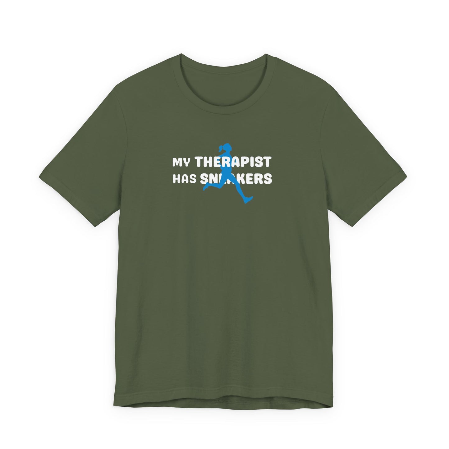 Green t-shirt with text 'My Therapist Has Sneakers' on a white background