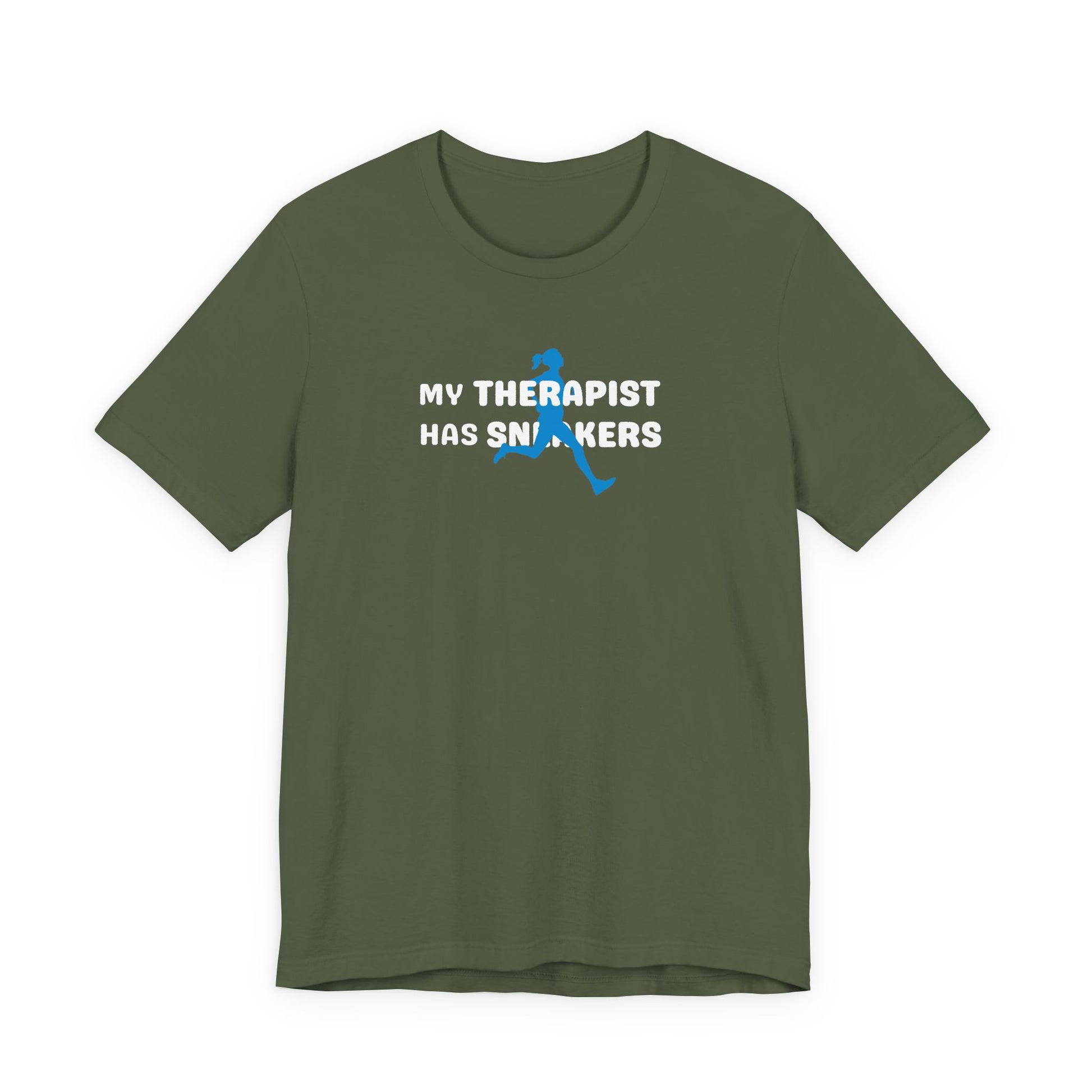 Green t-shirt with text 'My Therapist Has Sneakers' on a white background