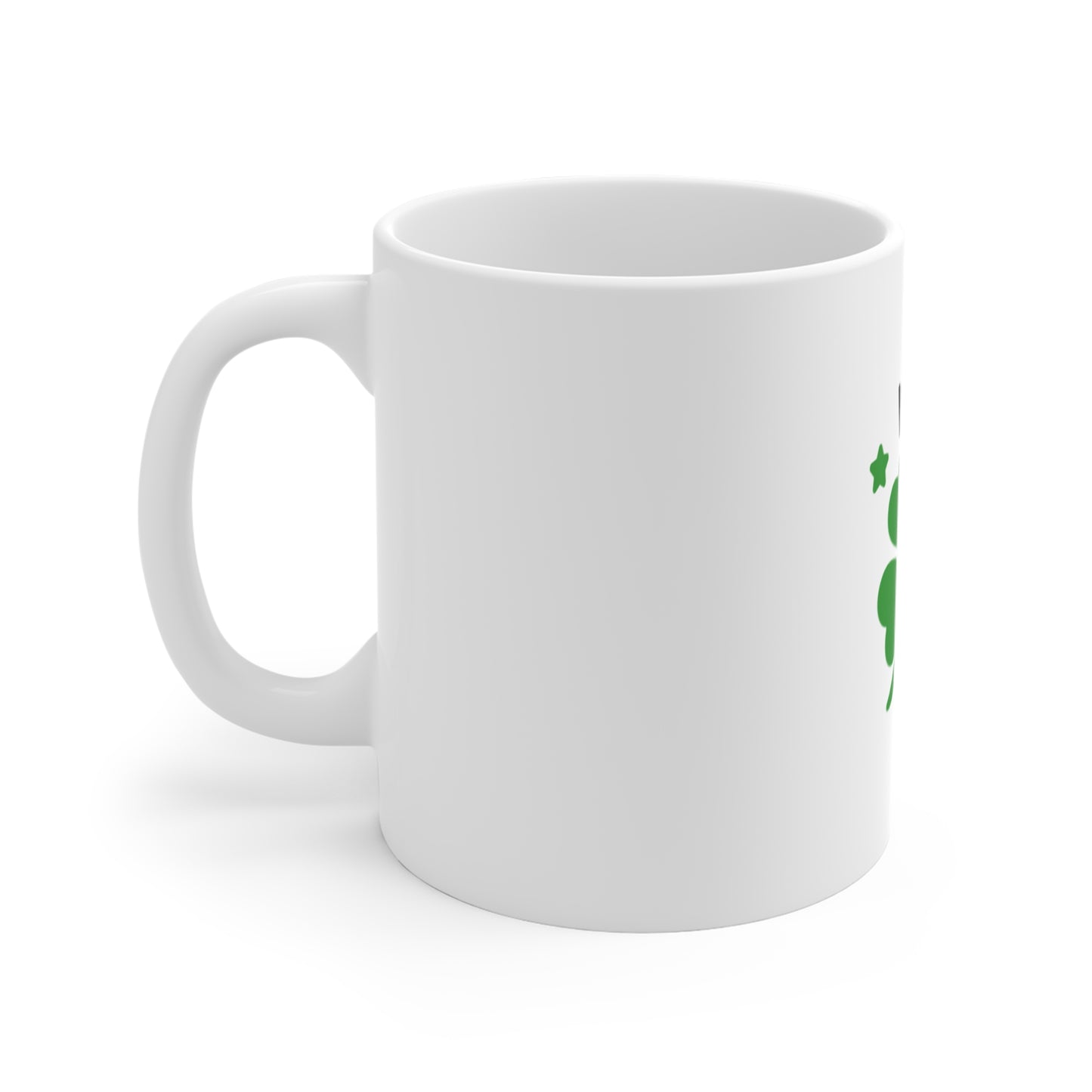 Left side of a white mug with green four-leaf clover and 'Lucky Me' text on a white background