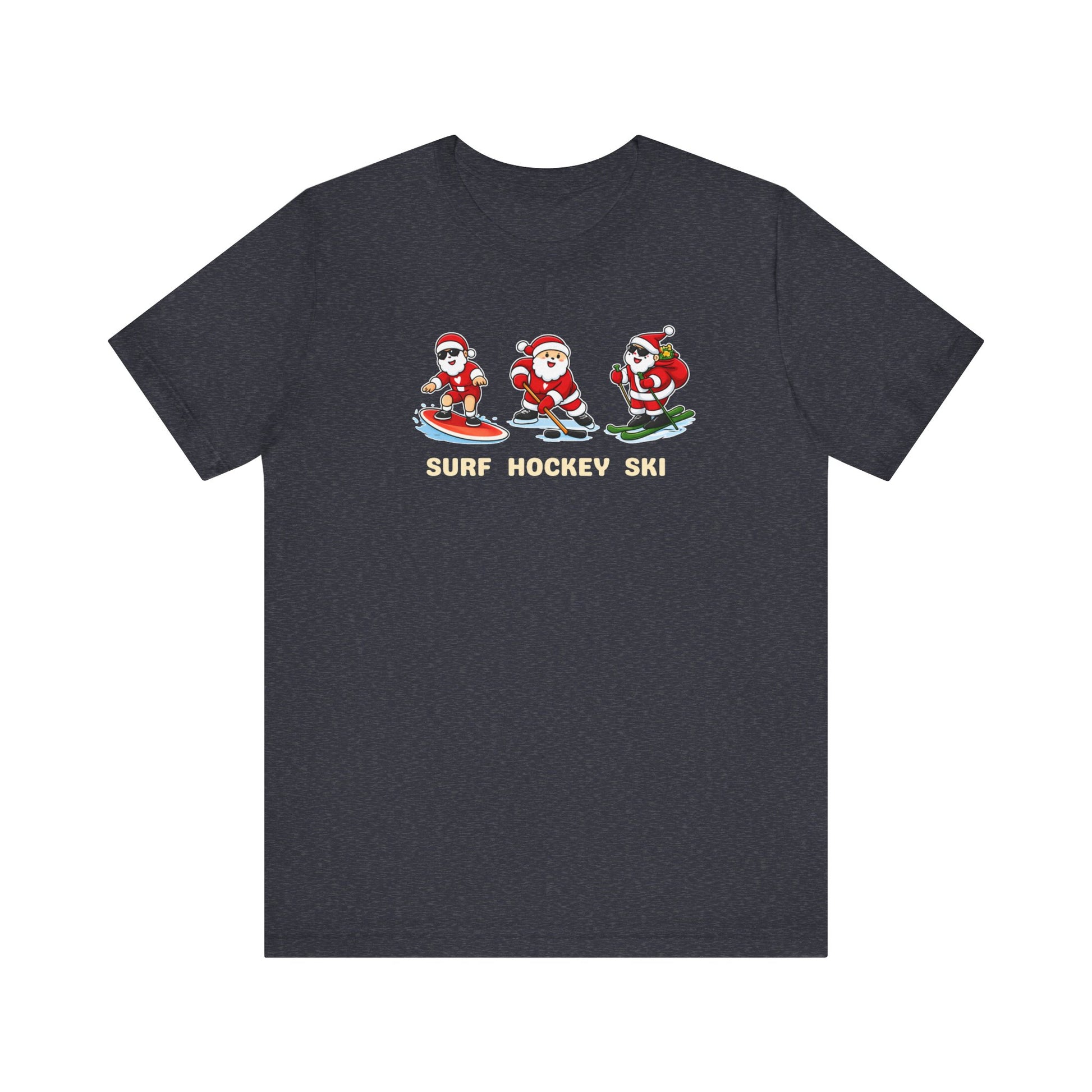 Navy t-shirt with cartoon Santa Claus graphics and 'Surf Hockey Ski' text on a white background