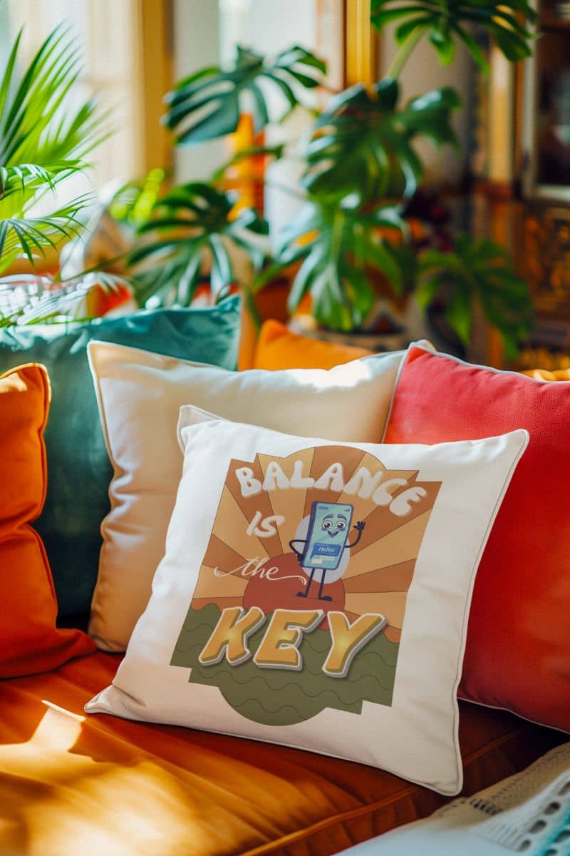 Balance Is the Key Pillow with a decorative pillow with 'Balance is the Key' text on a colorful couch with plants in the background