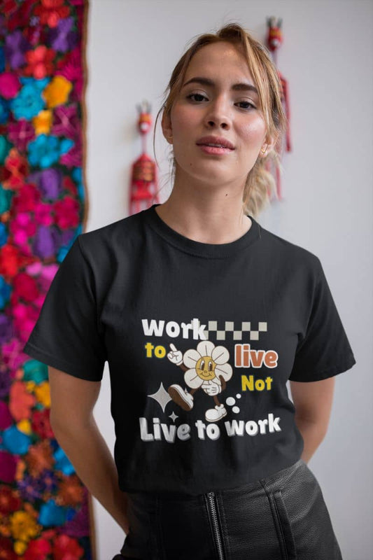 Balanced life quote t-shirt with a girl standing posing in a t-shirt and leather skirt
