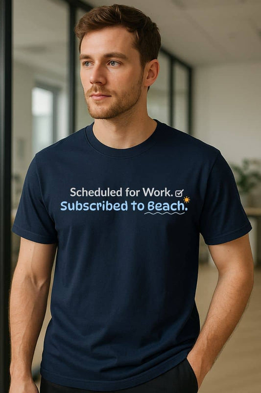 Beach t-shirt with a man wearing a navy blue t-shirt with humorous text design.