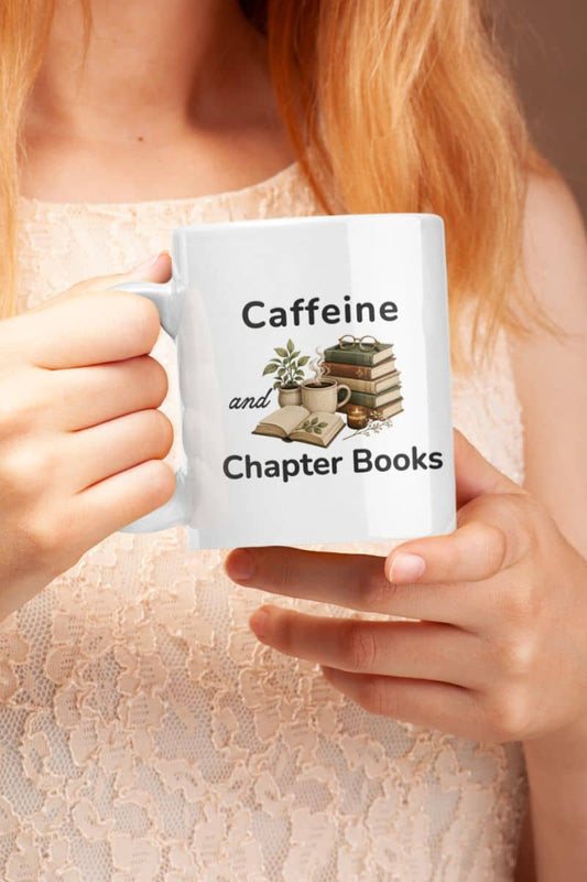 Book lover mug with a person holding a white ceramic mug featuring the text 'Caffeine and Chapter Books'.