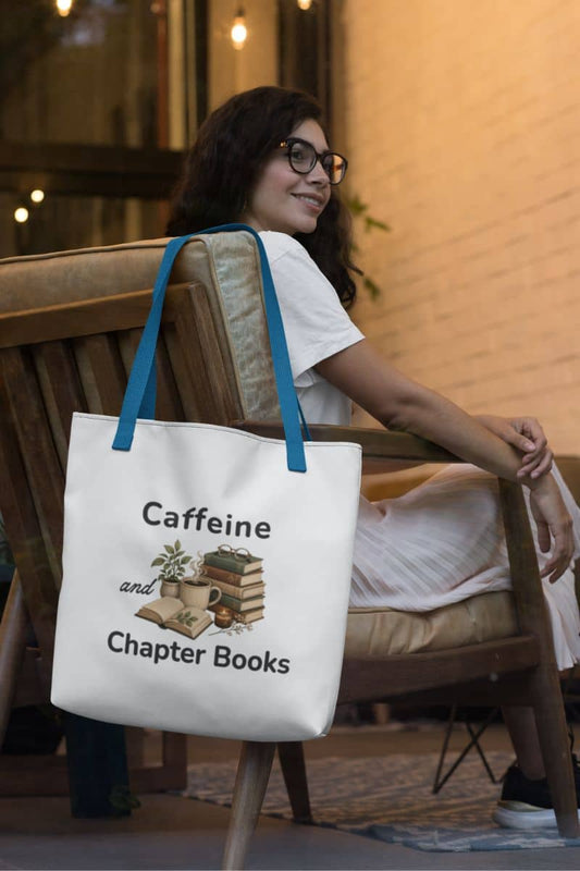 Book lover totes featuring a Caffeine and Chapter Books design with coffee, stacked books, and an open book, displayed in a cozy café setting.