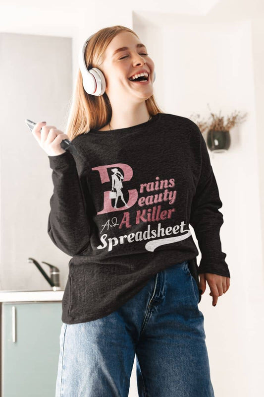 Boss babe sweatshirt with the girl swaying to the music with a bright smile