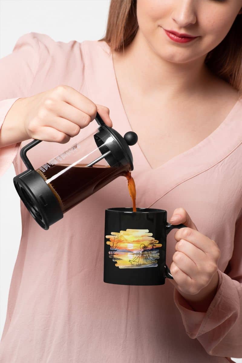 Breathe deeply yoga mug with a girl pouring coffee into her cup