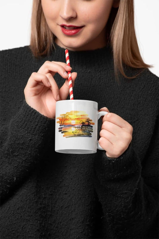 Breathe deeply yoga mug with a girl using a straw to drink water from a cup