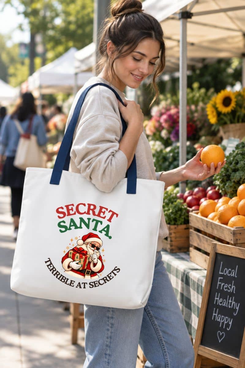 Christmas gift bag featuring the “Secret Santa. Terrible at Secrets.” design on a white tote with navy handles, carried by a woman shopping at an outdoor market.