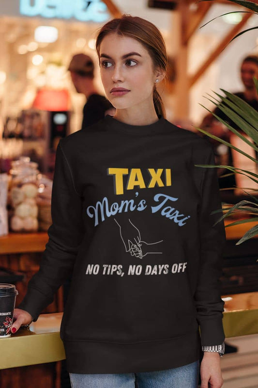 Comfy mom's taxi sweatshirt with a girl posing at the mall with a cup of coffee
