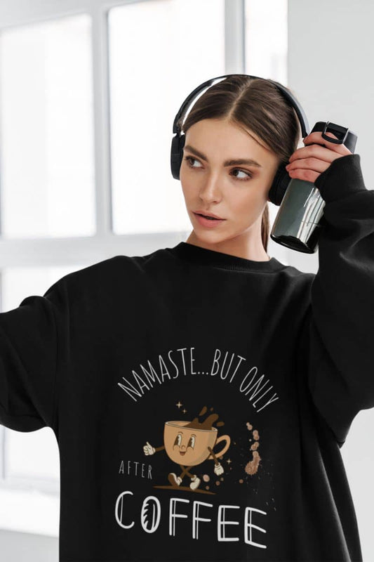 Comfy yoga and coffee sweatshirt with a girl taking a selfie with a water bottle while still wearing headphones on her head