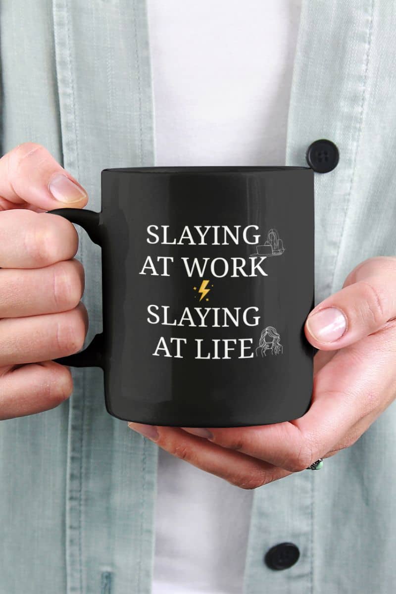 Confidence coffee cup with the girl holding a cup of coffee in front of her chest