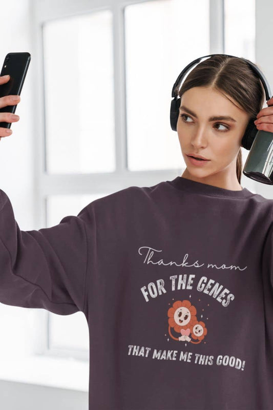 Cool sweatshirt with a girl wearing headphones and taking a selfie with a water bottle